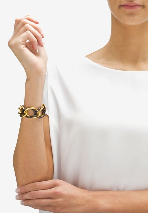 Double Curb-Link Bracelet And Drop Earrings Set In Goldtone And Black Ruthenium, , alternate image number null