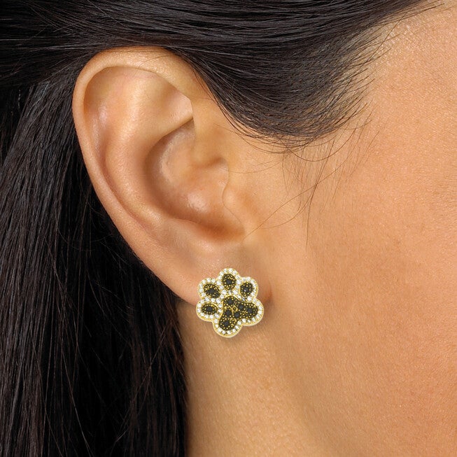 .95 TCW Round Black Cubic Zirconia 14k Yellow Gold-Plated Paw Print Earrings, BLACK, alternate image number null