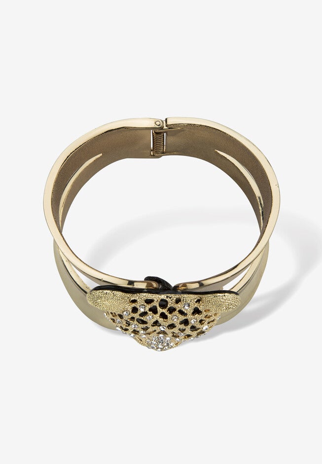 Goldtone Crystal Leopard Hinged Cuff Bangle Bracelet (50Mm), , on-hover image number null