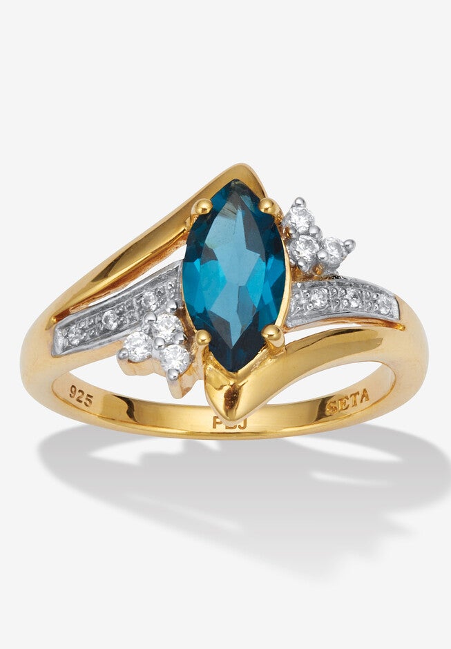1.32 Tcw Marquise Cut Topaz And Cz 18K Yellow Gold-Plated Sterling Silver Ring, BLUE, hi-res image number 0