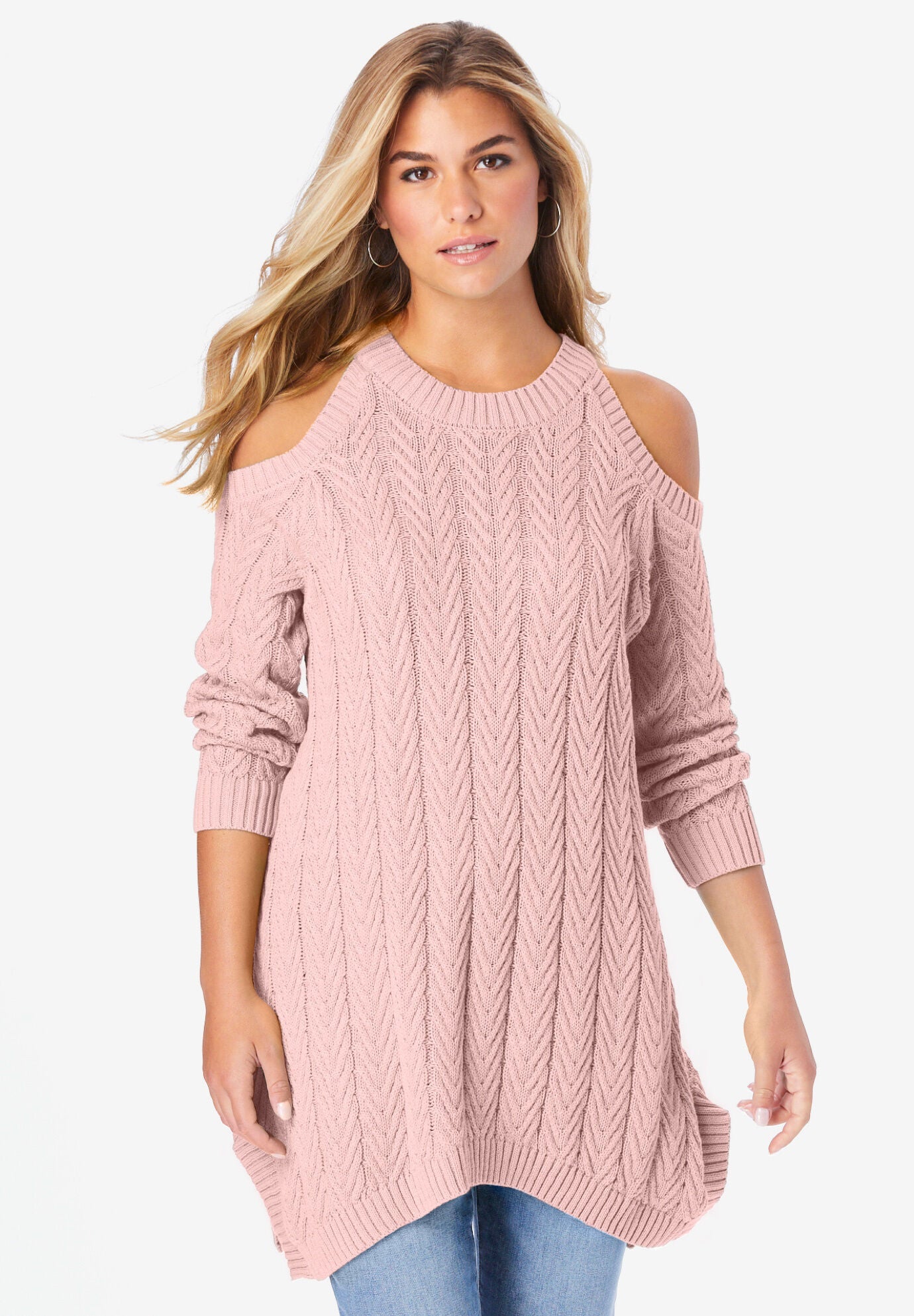 Cold-Shoulder Cable Knit Sweater, SOFT BLUSH, hi-res image number 0