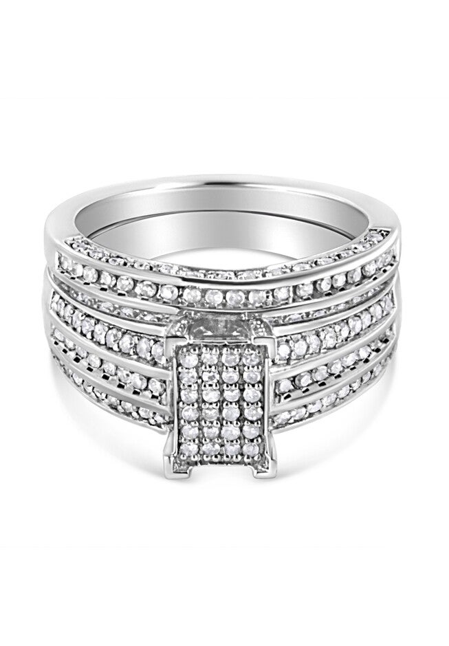 Silver 3/4 Cttw Prong Set Round Diamond Composite Engagement Ring And Band Set, , alternate image number null