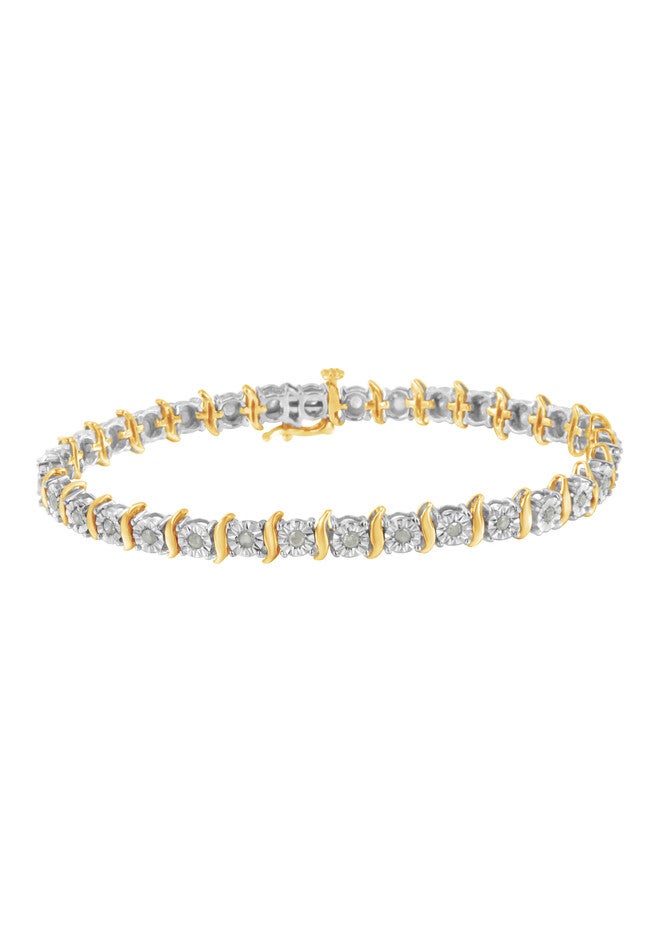 Two Toneyellow Gold Over Sterling Silver Diamond Scurve Link Miracleset Tennis Bracelet 8 inches, YELLOW GOLD SILVER, hi-res image number null