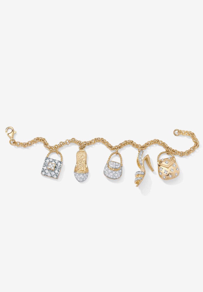 Goldtone Cubic Zirconia Charm Bracelet, 7.5" with .5" extender, , alternate image number null