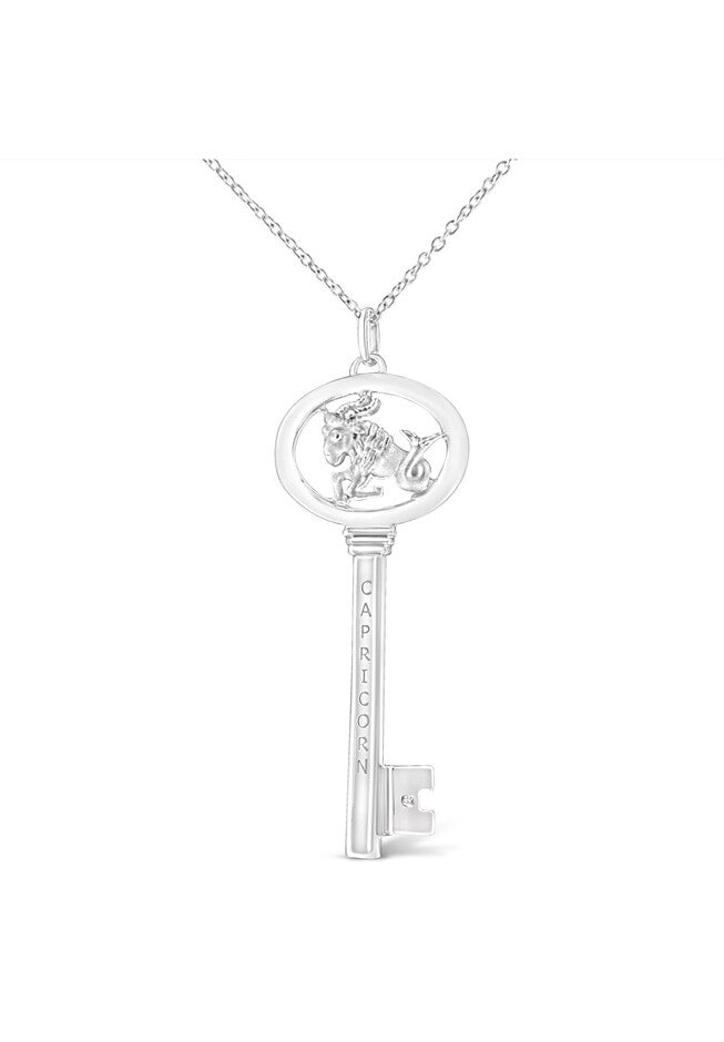 Sterling Silver Diamond Accent Capricorn Zodiac Key Pendant Necklace, WHITE, hi-res image number 0