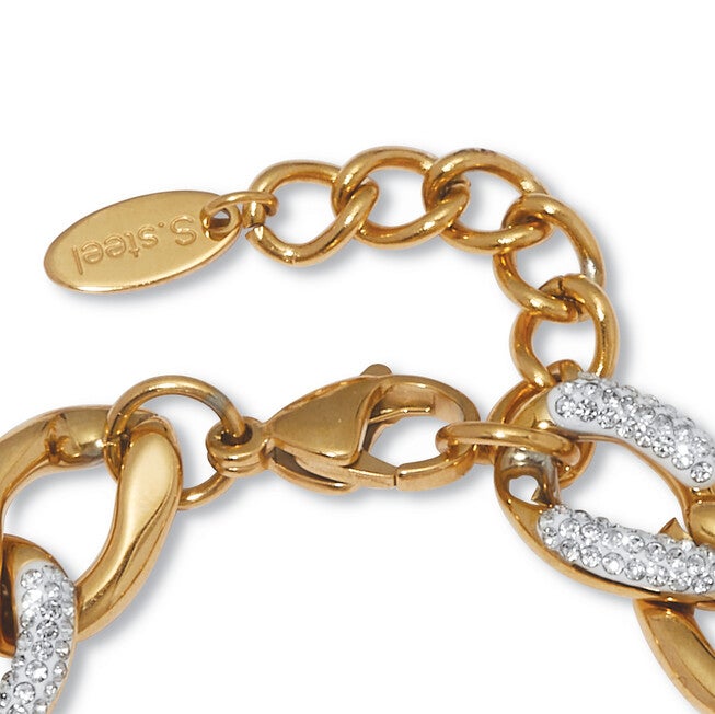 Round Crystal Gold Ion-Plated Stainless Steel Link Necklace Set 18 to 20-inch, WHITE, on-hover image number 1