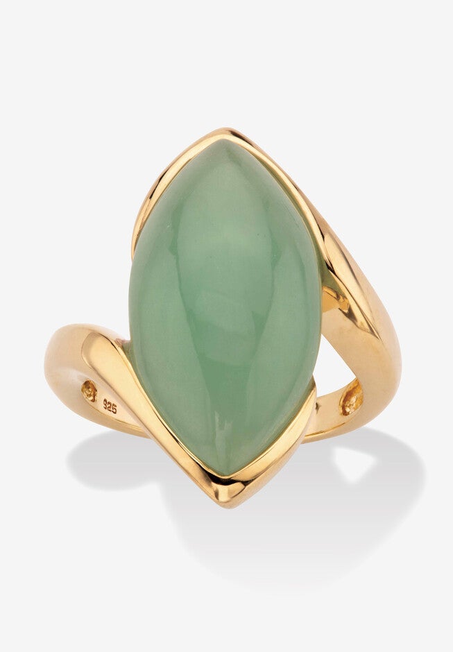 Marquise-Cut Genuine Green Jade Gold-Plated Sterling Silver Cabochon Bypass Ring, GREEN, hi-res image number 0