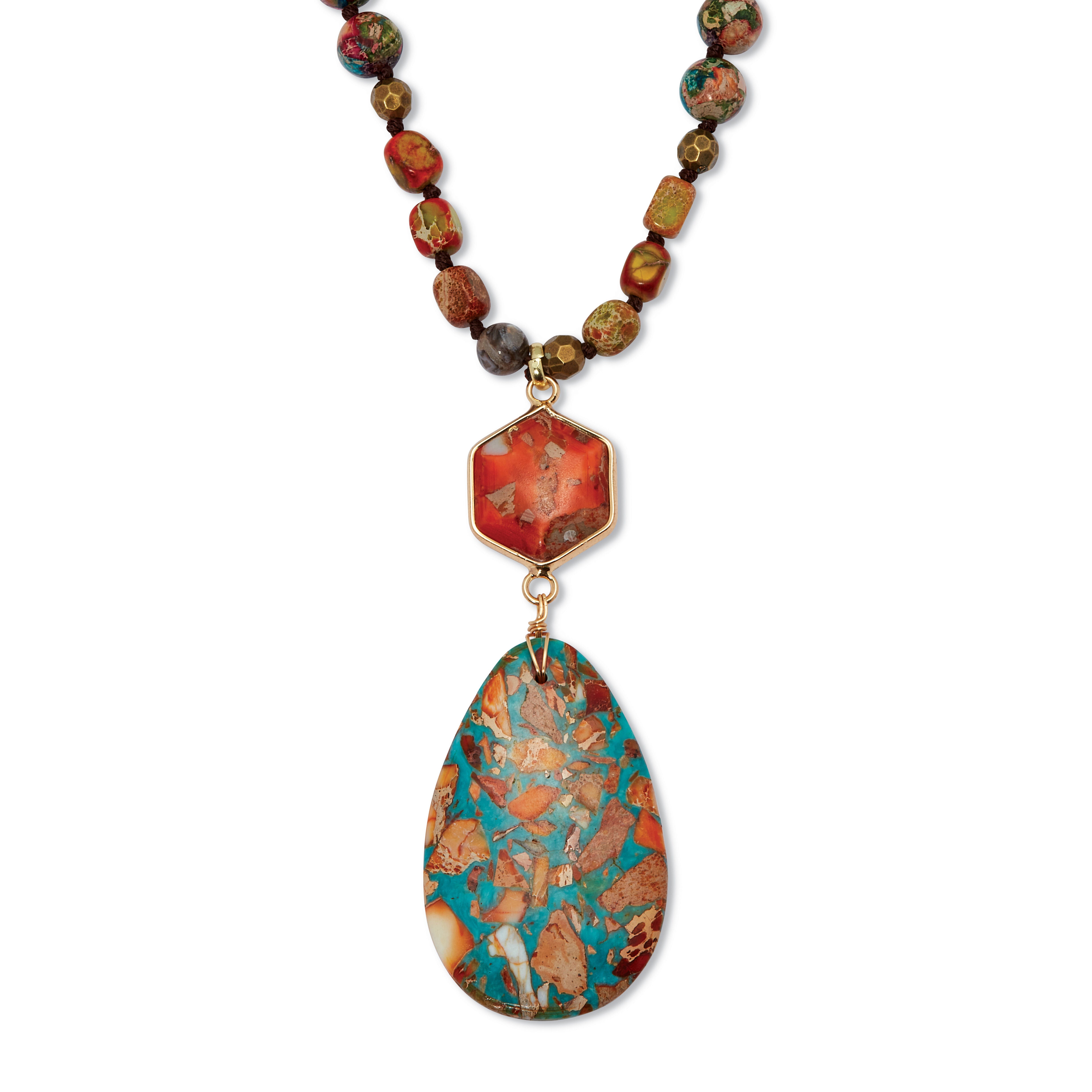 Genuine Jasper Goldtone Drop Pendant Necklace 34-inch, TURQUOISE, hi-res image number 0