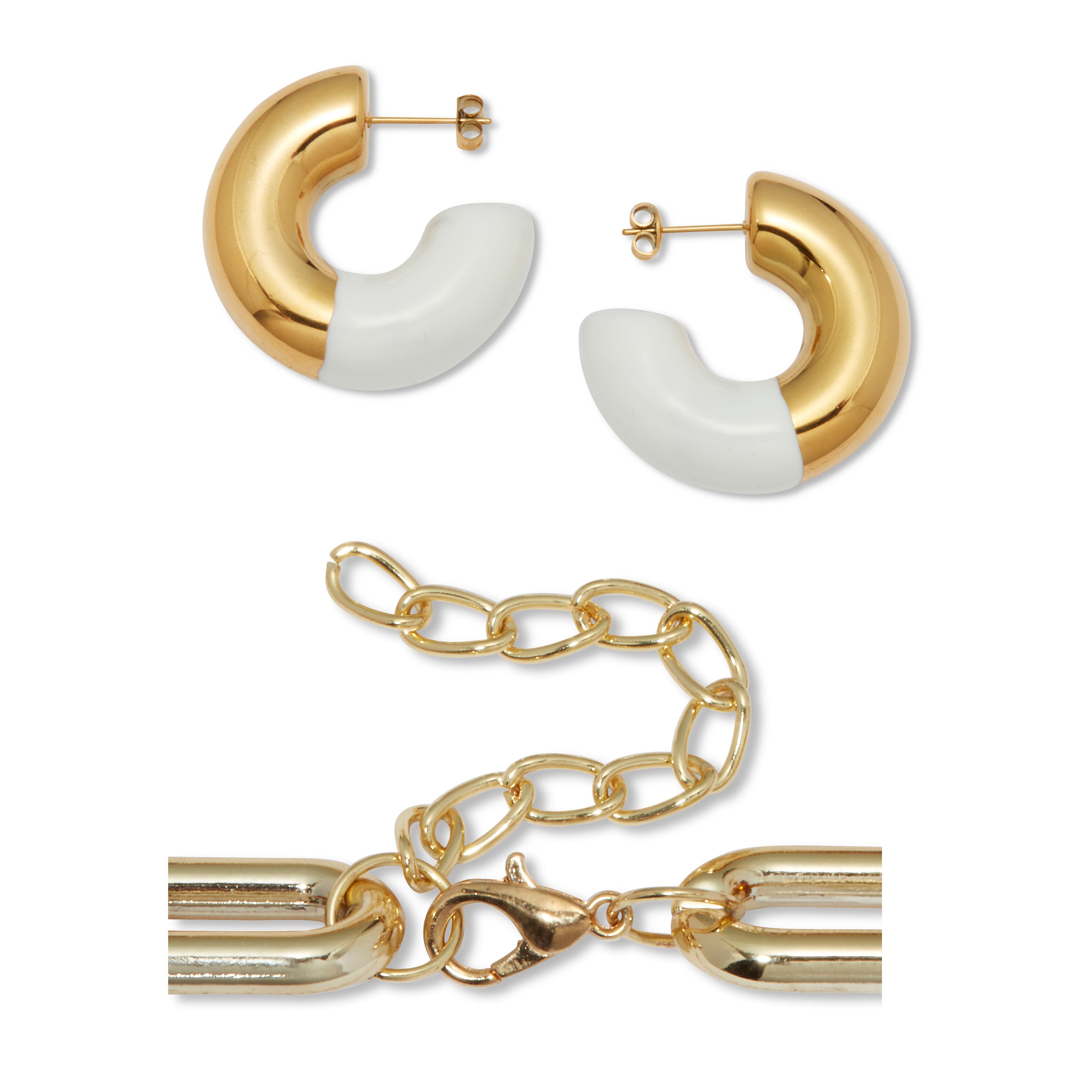 Acrylic Link Necklace and Gold Ion-Plated Stainless Steel Hoop Earrings Set, GOLD WHITE, on-hover image number 1