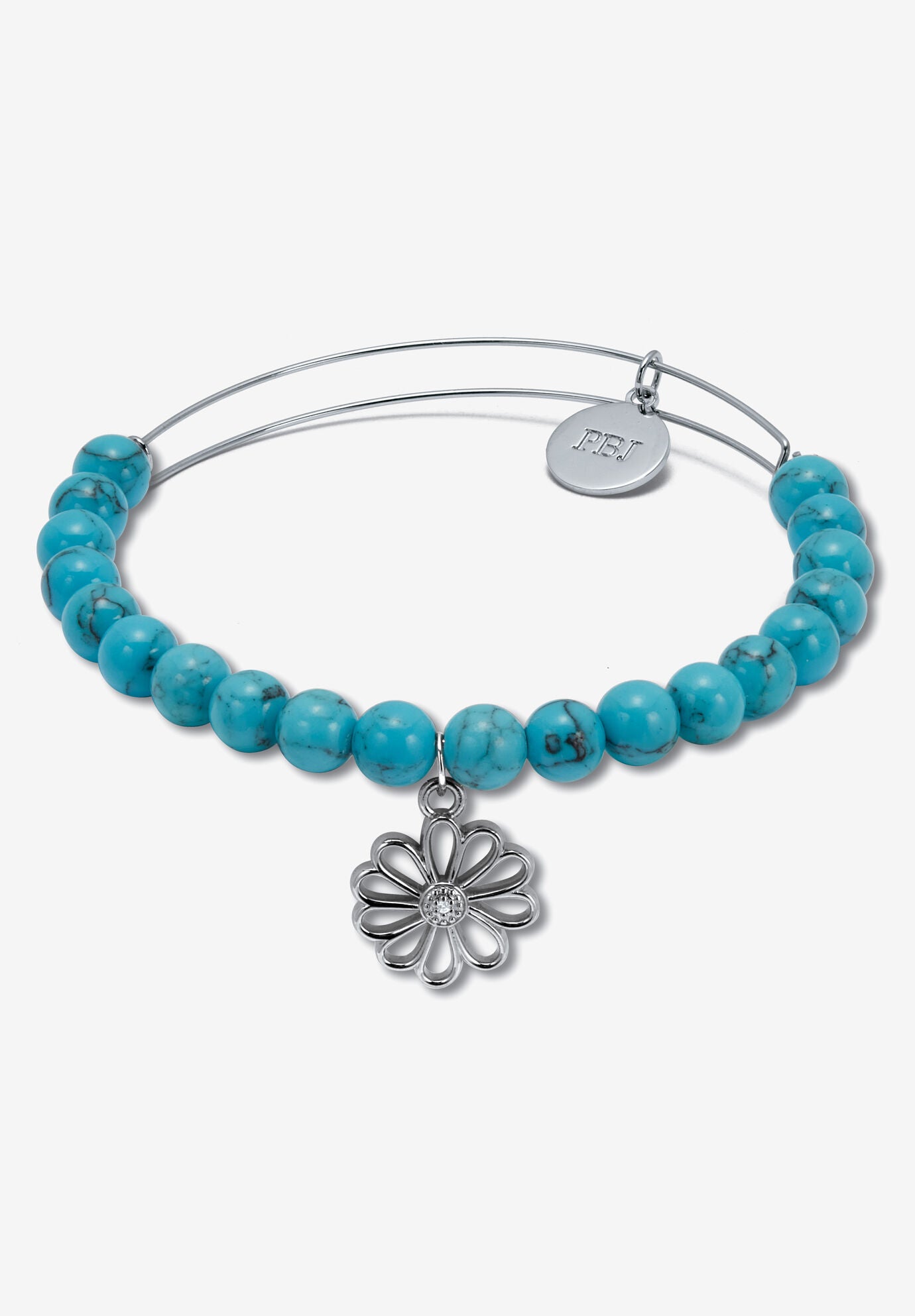 Genuine Blue Turquoise Silvertone Heart Charm Bangle, 7.5 Inches, BLUE TURQUOISE, hi-res image number 0