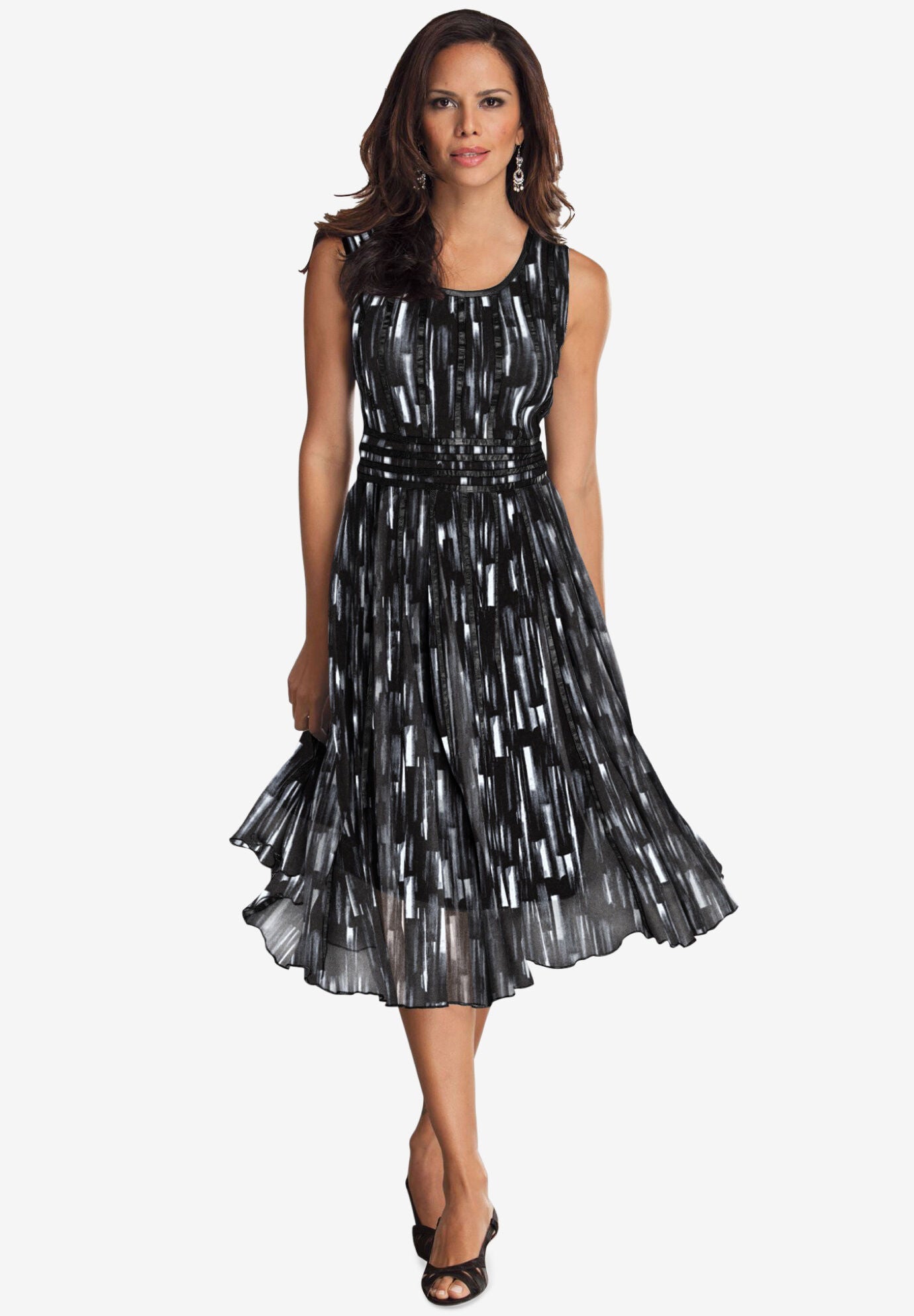 Printed Empire Waist Dress, BLACK WHITE BRUSHSTROKES, hi-res image number 0