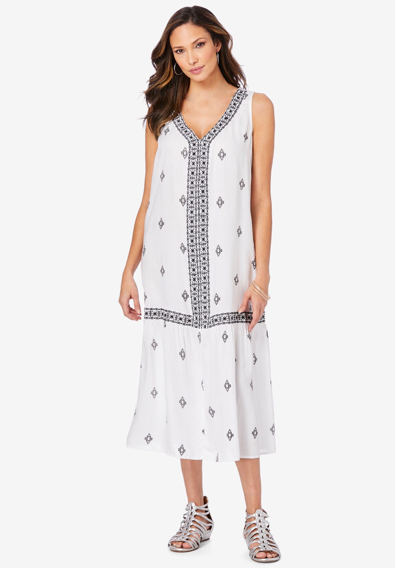 Embroidered Sleeveless Midi Dress, WHITE EMBROIDERED GEO, hi-res image number 0
