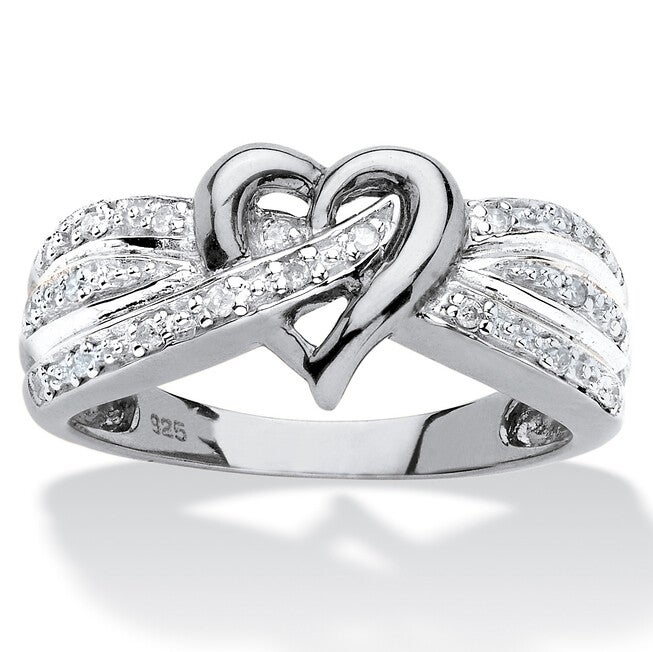 1/10 TCW Diamond Crossover Heart Ring in Platinum-plated Sterling Silver, WHITE, hi-res image number null