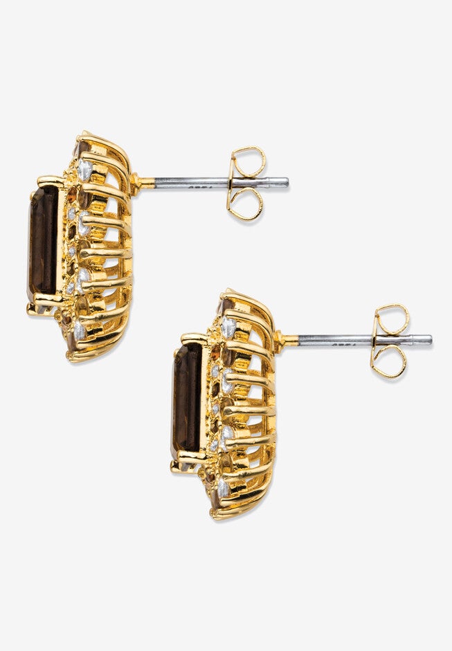 10.31 Tcw Emerald-Cut Genuine Smoky Topaz And Cz Gold-Plated Halo Earrings, , on-hover image number 1