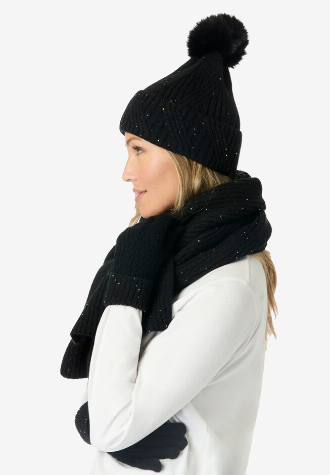 3-Pc Sequin Knitted Hat, Scarf And Gloves Set, , alternate image number null