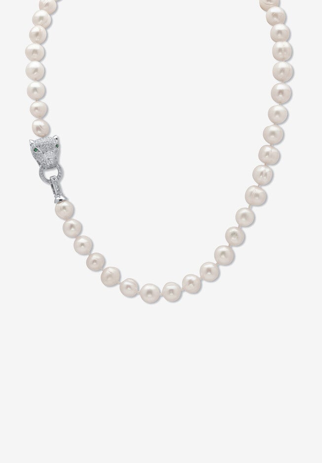 Silvertone Round Pearl And Round Cz Panther Strand Necklace (1/2 Cttw), PEARL, hi-res image number null