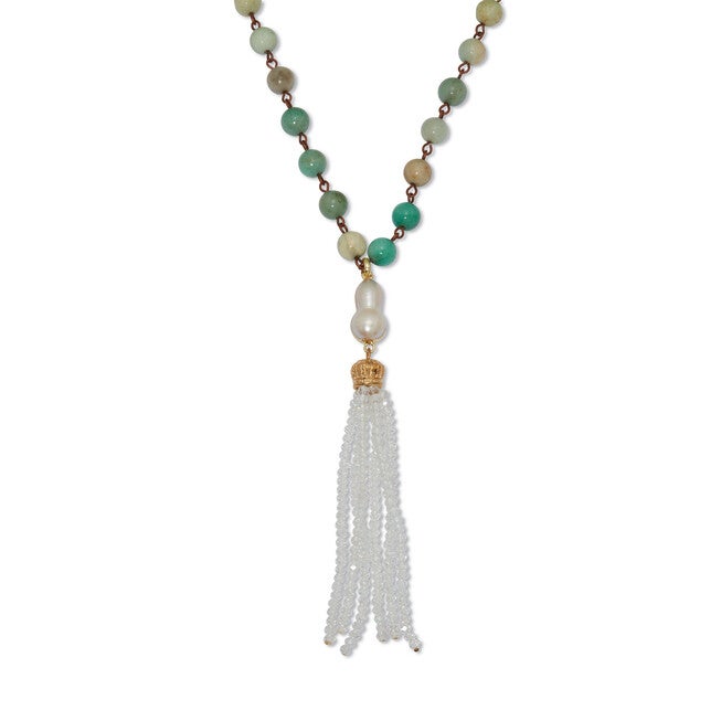 Genuine Green Amazonite Goldtone Beaded Tassel Necklace 34-inch, WHITE, hi-res image number null