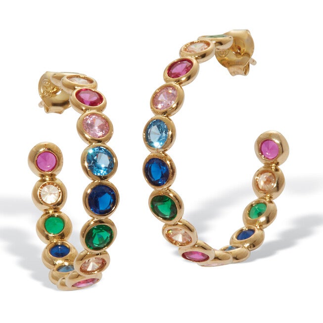 3 TCW Round Rainbow Cubic Zirconia Gold-Plated Hoop Earrings, GREEN, hi-res image number 0