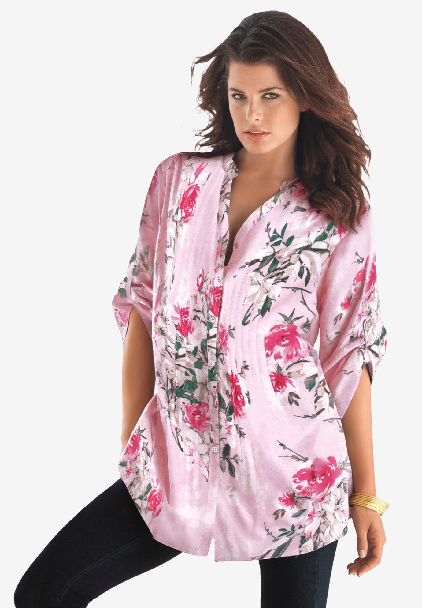 Plus Size Floral Y-Neck Pintuck Tunic &ndash; Adjustable Long Sleeve Button-Front, Relaxed Shirt Style