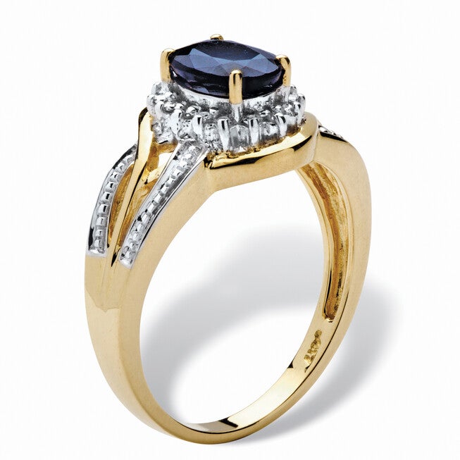 10k Yellow Gold Oval Blue Sapphire and Round Diamond Accent Ring, WHITE, on-hover image number null