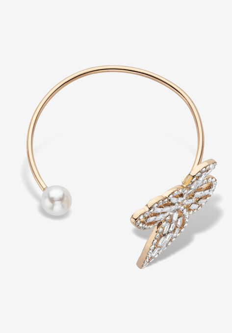 White Baguette Crystal & Simulated Pearl Butterfly Bangle Bracelet Goldtone, , on-hover image number null