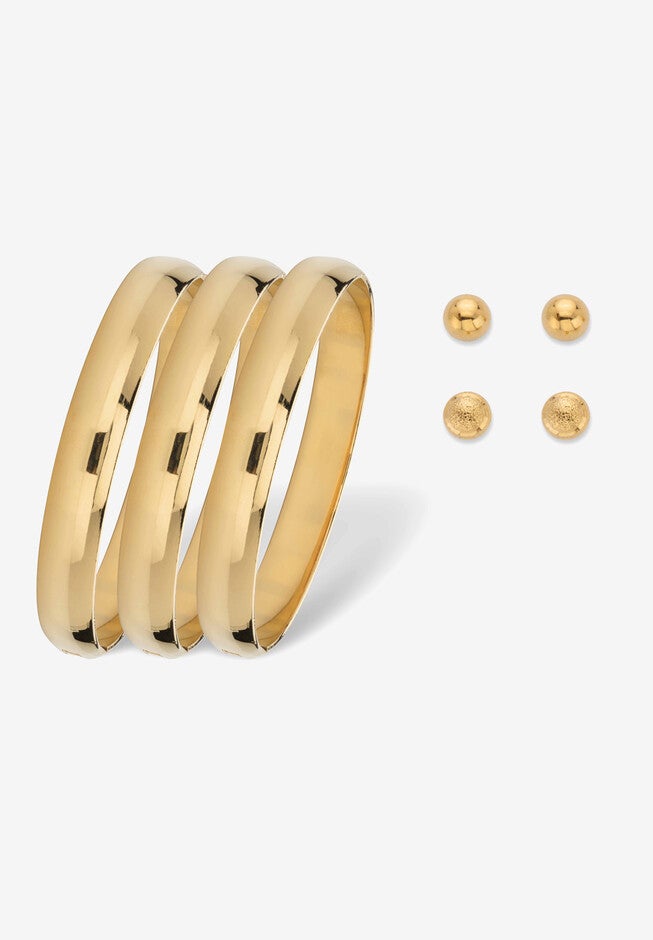 Goldtone Polished Bangle Earring and Ball Stud Earring Set 7.5 inches, GOLD, hi-res image number null