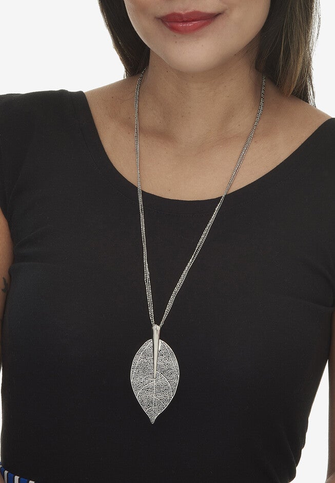 Silvertone Leaf Drop Necklace, 26 Inch Chain, Plus 2 Inch Extension, , alternate image number null
