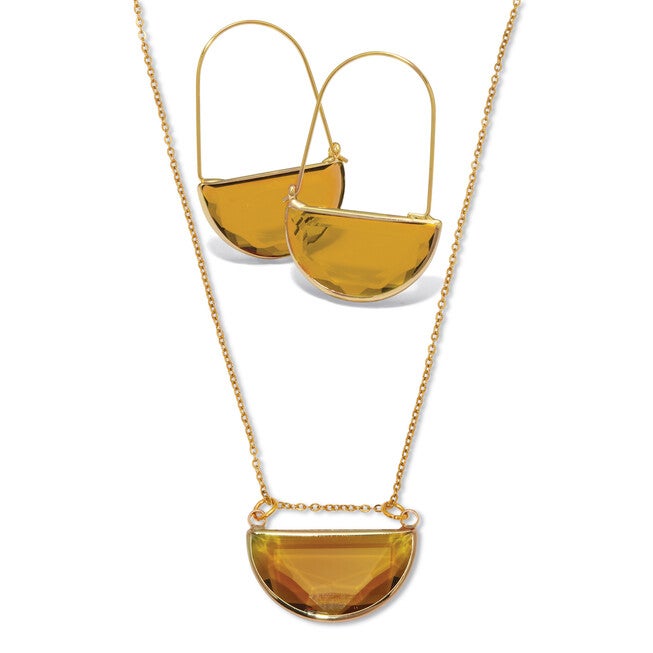Brown Crystal Half Moon Goldtone Jewelry Set, BROWN, hi-res image number 0