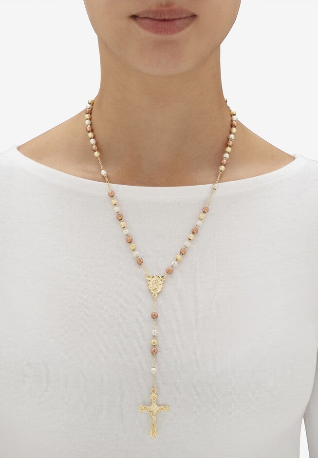 Tri Tone Goldtone Beaded Rosary Style Necklace (5Mm), 20 Inches Jewelry, , alternate image number null