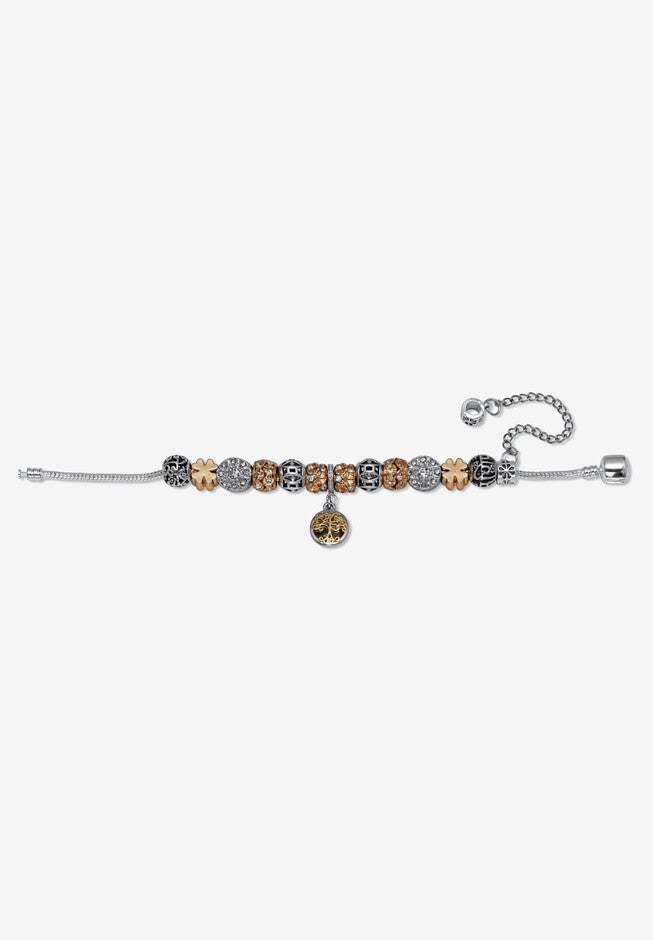 Round Crystal Silvertone Antiqued Charm Bracelet, 7 To 9-Inch, , alternate image number null