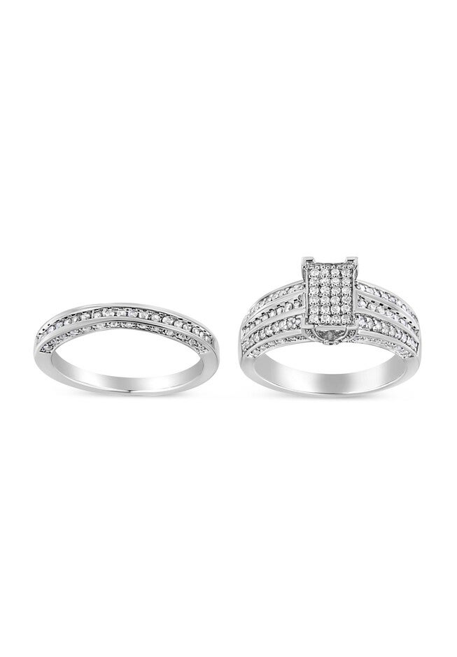 Silver 3/4 Cttw Prong Set Round Diamond Composite Engagement Ring And Band Set, SILVER, hi-res image number null