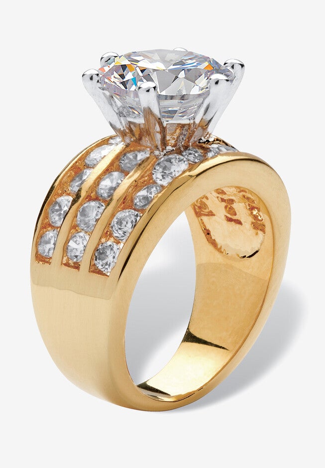 Goldtone Round Cubic Zirconia Triple Row Engagement Ring, , on-hover image number null