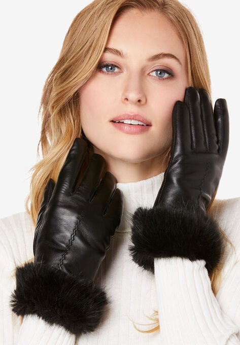 Faux Fur Leather Gloves, BLACK, hi-res image number null