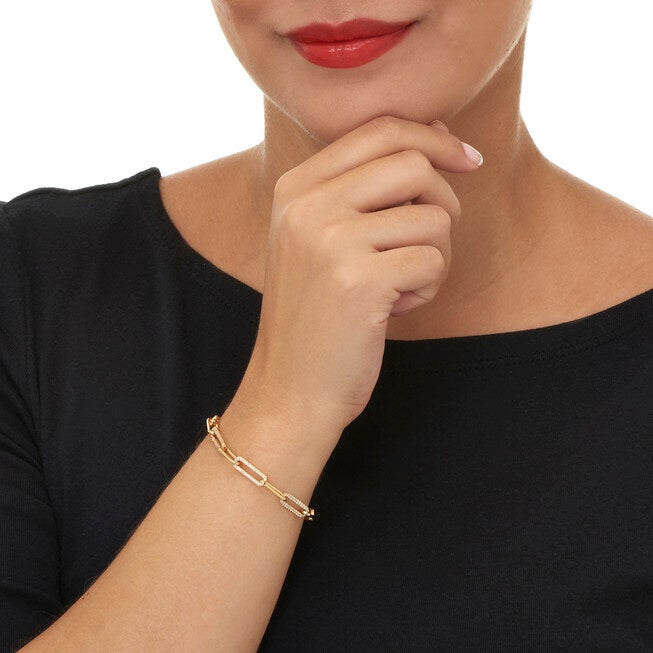 .95 TCW Round Cubic Zirconia 18k Yellow Gold-Plated Paperclip Bracelet 7.5-inch, WHITE, alternate image number null