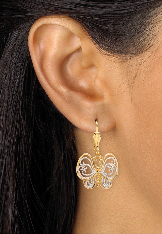 Yellow Gold-Plated Butterfly Two Tone Drop Earrings, , alternate image number 2