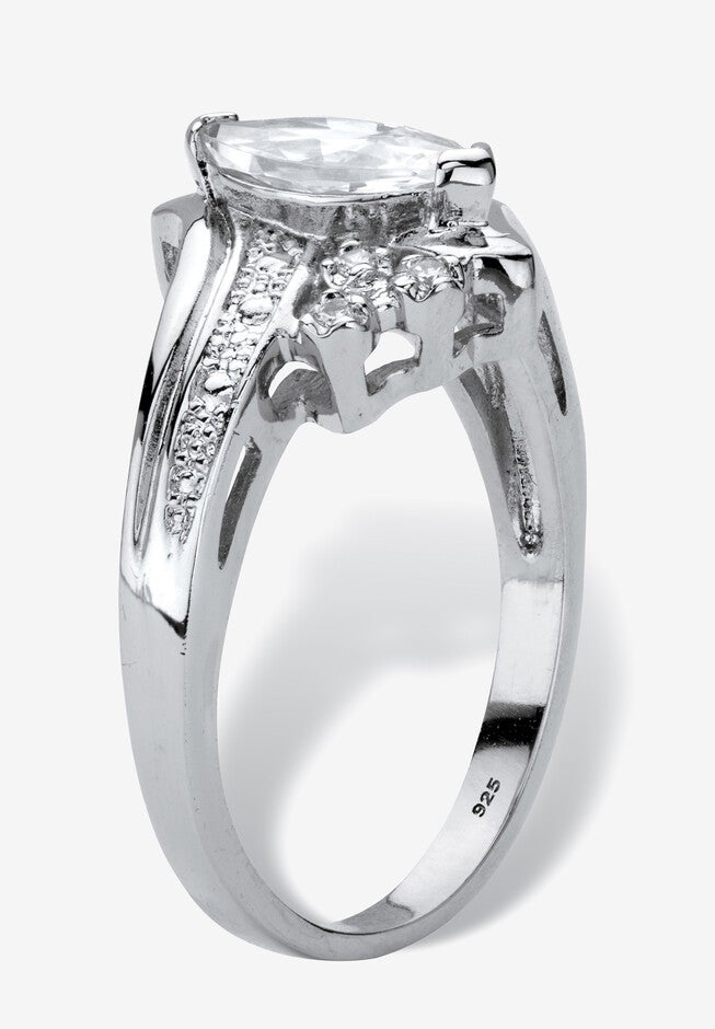 1.03 Tcw Marquise-Cut Cubic Zirconia Platinum-Plated Silver Engagement Ring, , on-hover image number 1