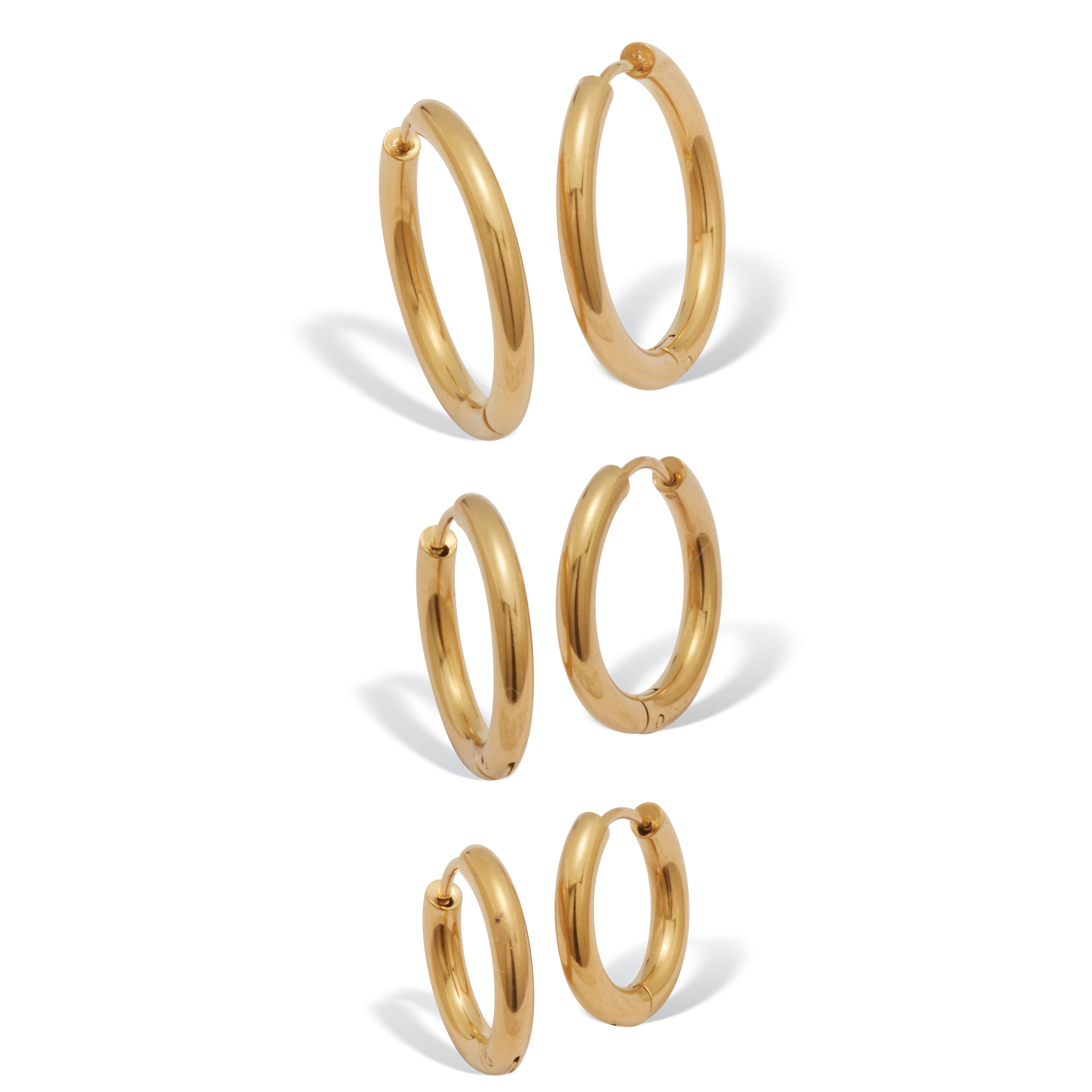 3-Pair Gold Ion-Plated Stainless Steel Hoops, 5/8 inches, 7/10 inches and 1 inches, YELLOW, hi-res image number 0