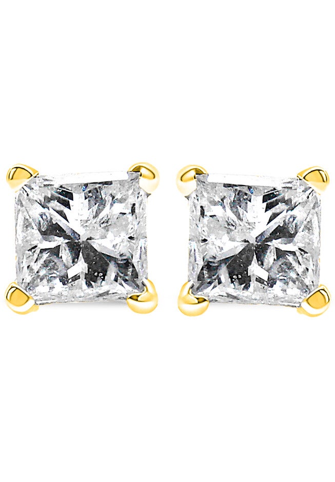 Yellow Gold Princesscut Diamond Petite Classic Square Stud Earrings, , on-hover image number null