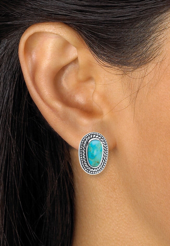 Genuine Blue Turquoise Sterling Silver Cabochon Bohemian Earrings, , alternate image number null