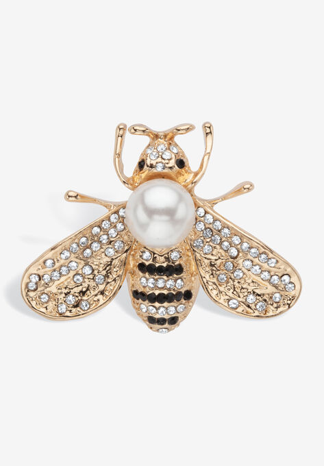 Goldtone Bee Pin Round Simulated Pearl And Round Crystals Jewelry, PEARL, hi-res image number null