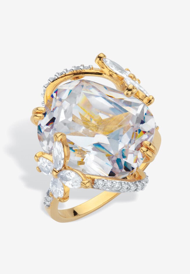 Yellow Gold Plated Cubic Zirconia Flower Ring, , on-hover image number null