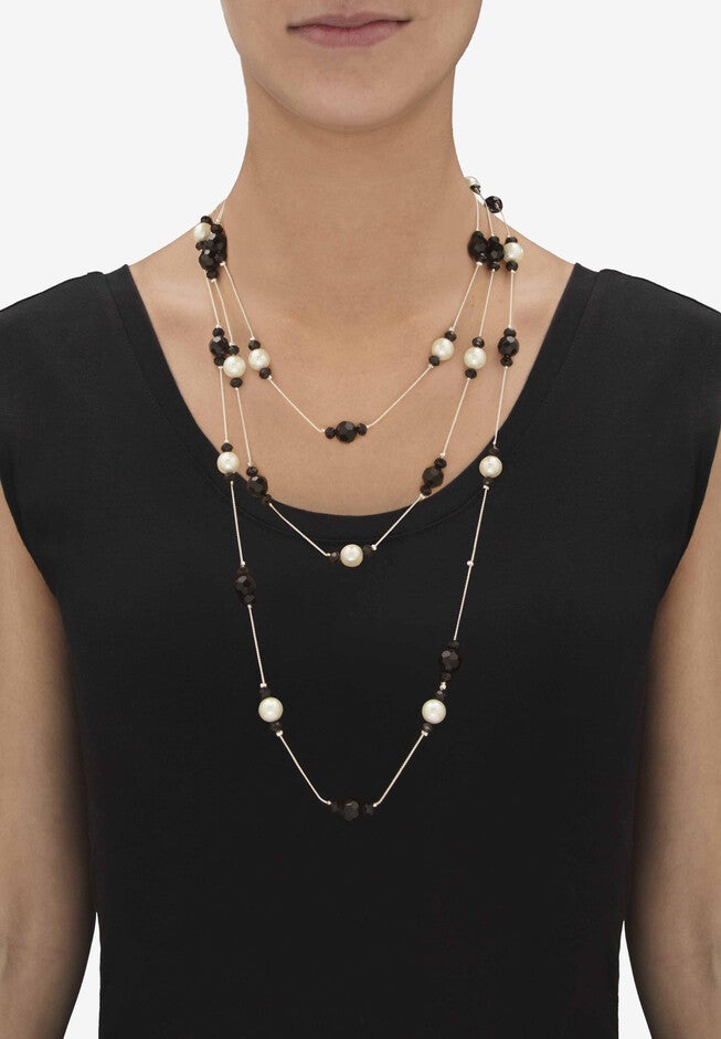Simulated Black Onyx And Pearl Silvertone Beaded Multi-Strand Necklace 70 inches, , alternate image number 2