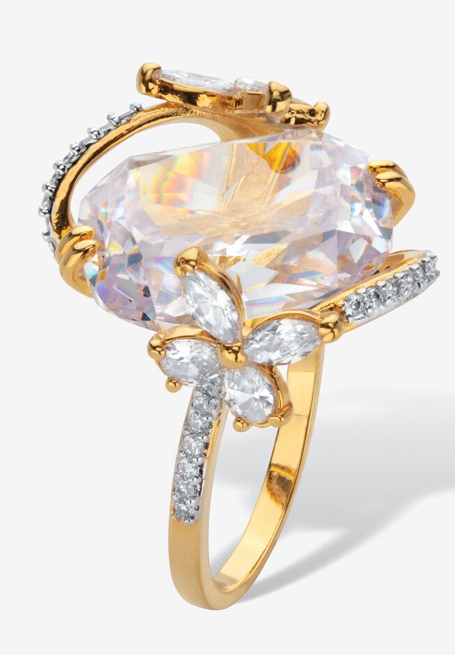 Yellow Gold Plated Cubic Zirconia Flower Ring, , alternate image number null