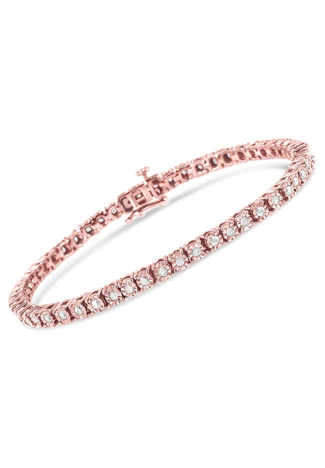 Rose Gold Plated Sterling Silver Miracleset Diamond Round Faceted Bezel Tennis Bracelet 7 inches, , on-hover image number 1