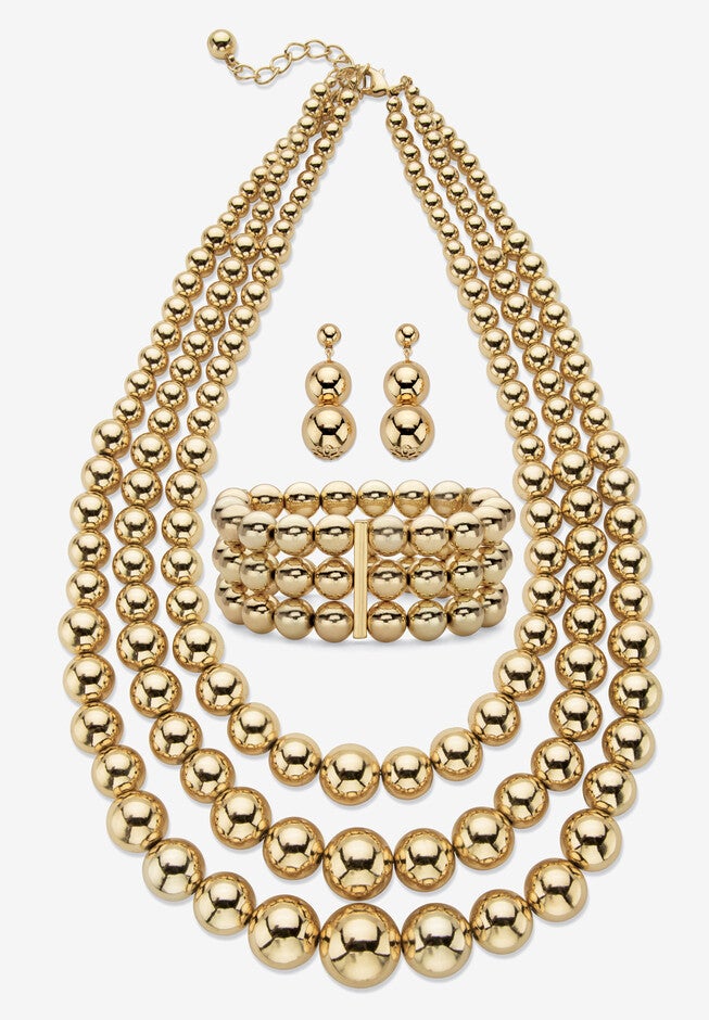 Gold Tone Graduated Bib 17 inches Necklace Set, GOLD, hi-res image number 0