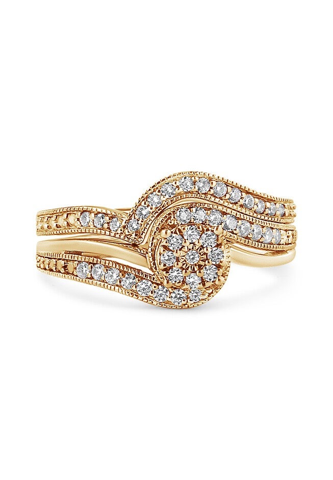 Yellow Gold Plated Silver 1/3Ct Cttw Multi-Diamond Bypass Vintage-Style Bridal Set, , on-hover image number null