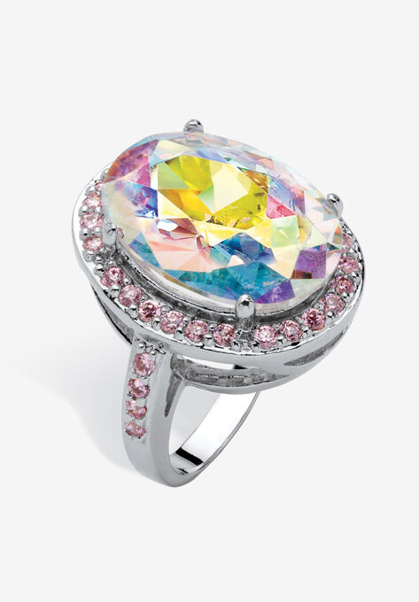 Silver Tone Aurora Borealis and Pink Halo Cocktail Ring, CUBIC ZIRCONIA, hi-res image number null