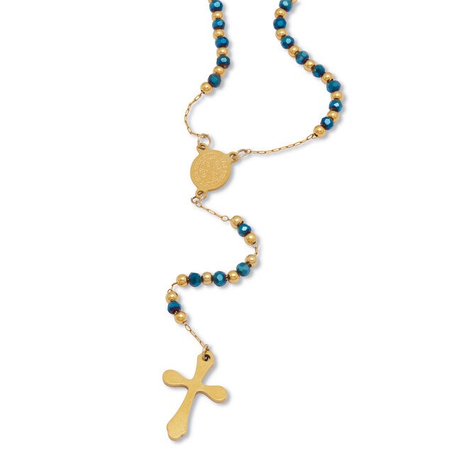 Yellow Gold Ion-Plated Stainless Steel Crystal Beaded Rosary Necklace 21-inch, BLUE, hi-res image number null