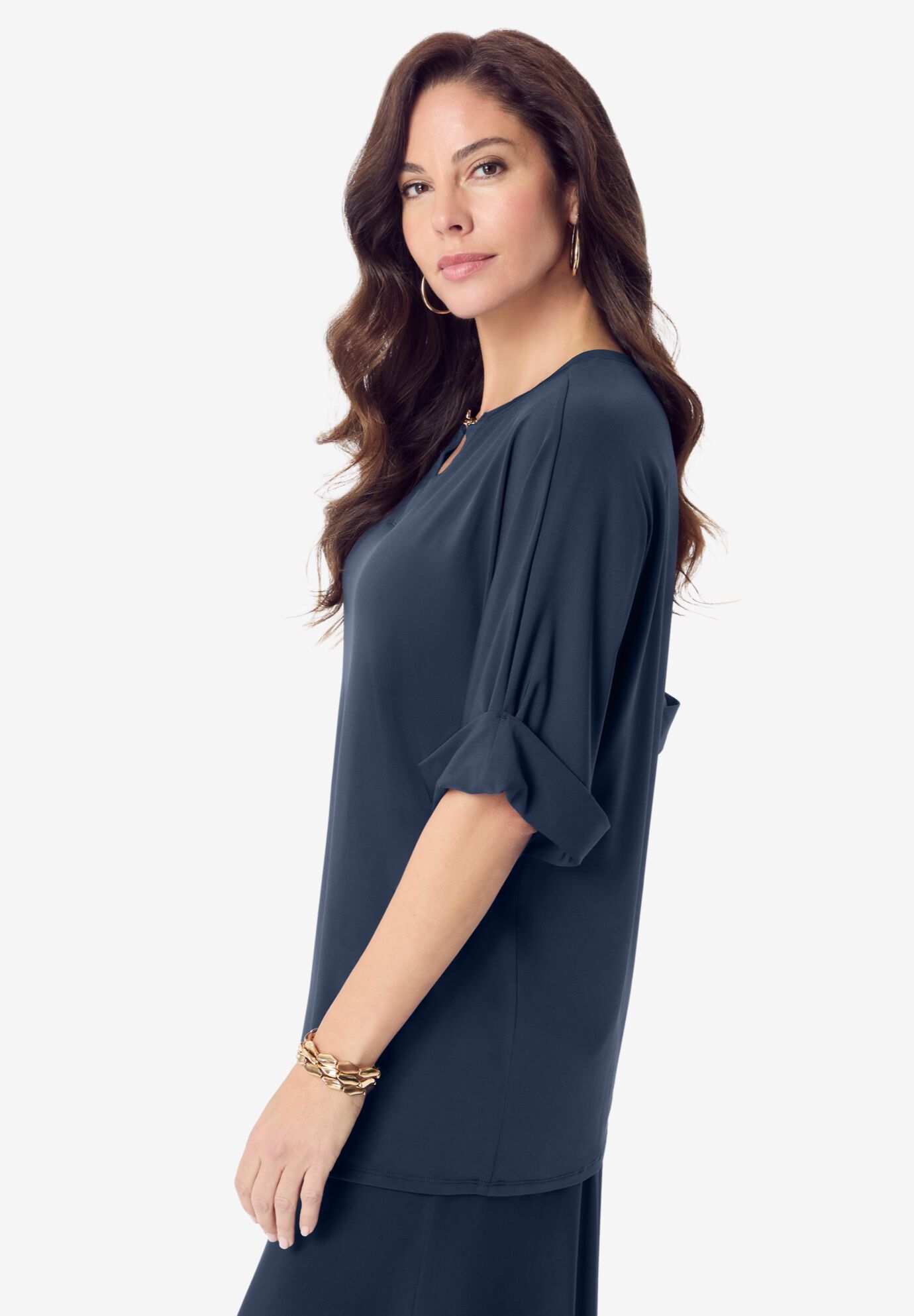 Ultrasmooth&reg; Fabric V Neck Tee with Chain Detail, NAVY, alternate image number 2