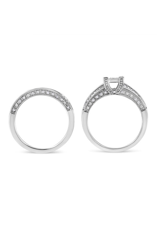 Silver 3/4 Cttw Prong Set Round Diamond Composite Engagement Ring And Band Set, , alternate image number null